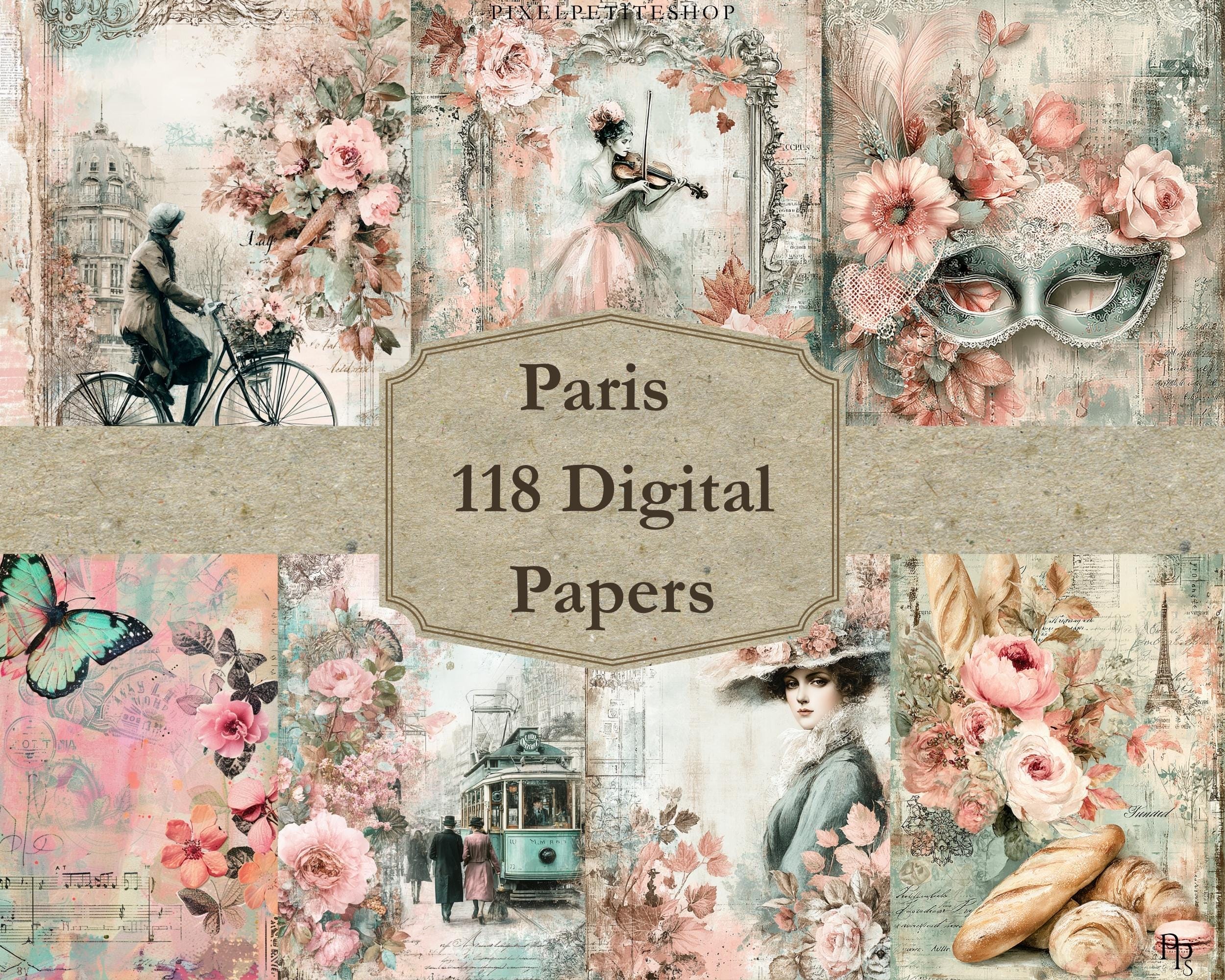 Preview of French Cafe Digital Papers — 118 Vintage Journal Pages