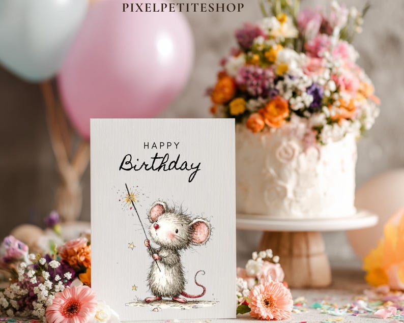 May include: A birthday greeting card with a watercolor illustration of a mouse holding a magic wand. The card reads "Happy Birthday" in elegant script. The background includes a cake, flowers, and balloons.
