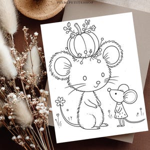 May include: A black and white line art illustration on a rectangular card featuring a large mouse with a pumpkin on its head and a smaller mouse standing beside it. The text PIXELPETITESHOP is printed in small black letters at the top center.