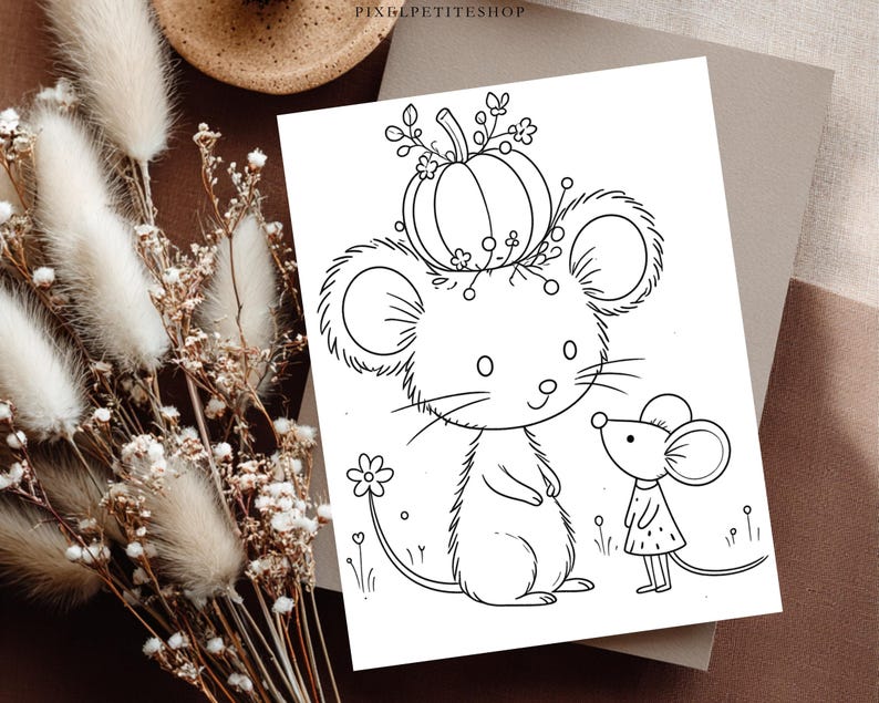 May include: A black and white line art illustration on a rectangular card featuring a large mouse with a pumpkin on its head and a smaller mouse standing beside it. The text PIXELPETITESHOP is printed in small black letters at the top center.