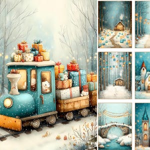 May include: A digital illustration set featuring a light blue train carrying colorful gift boxes through a snowy forest, alongside six smaller vertical panels depicting winter scenes with cabins, churches, stone bridges, and glowing string lights.