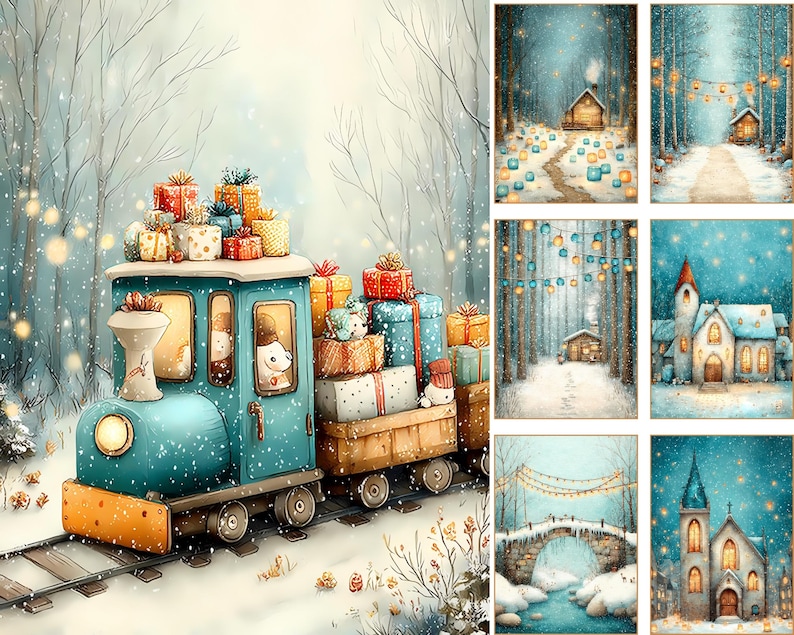 May include: A digital illustration set featuring a light blue train carrying colorful gift boxes through a snowy forest, alongside six smaller vertical panels depicting winter scenes with cabins, churches, stone bridges, and glowing string lights.
