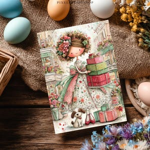 May include: Watercolor illustration of a girl holding gifts, with a small dog, in front of a European street scene. The image has a floral theme, with flowers and gift boxes in shades of pink, green, and red. The overall aesthetic is whimsical and charming.