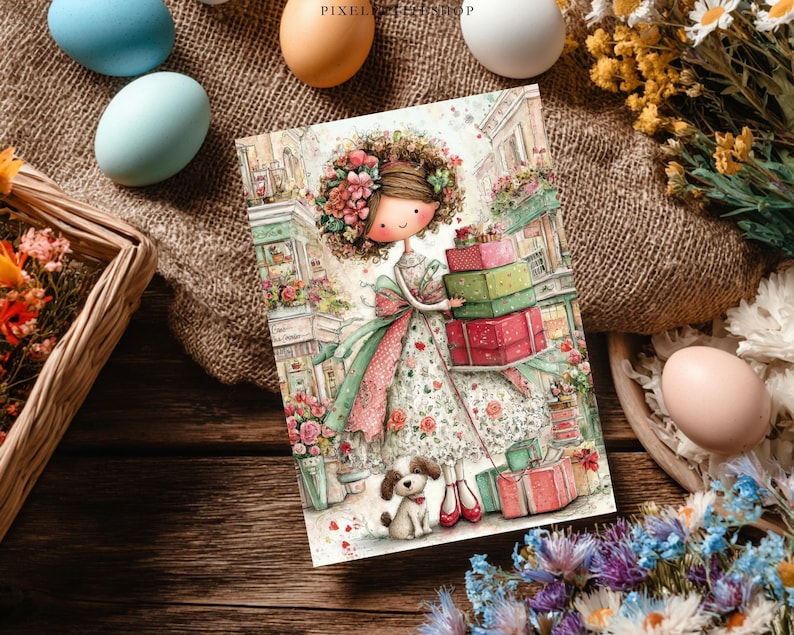 May include: Watercolor illustration of a girl holding gifts, with a small dog, in front of a European street scene. The image has a floral theme, with flowers and gift boxes in shades of pink, green, and red. The overall aesthetic is whimsical and charming.