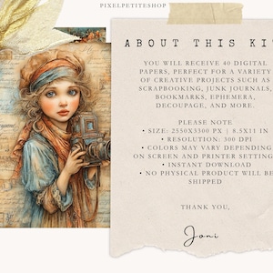 May include: Digital art kit featuring a vintage illustration of a girl holding a camera, with text that reads "About This Kit". The kit includes 40 digital papers for creative projects. The image is 8.5x11 inches.