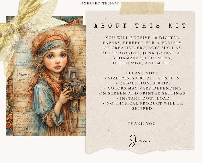 May include: Digital art kit featuring a vintage illustration of a girl holding a camera, with text that reads "About This Kit". The kit includes 40 digital papers for creative projects. The image is 8.5x11 inches.