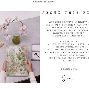 May include: A digital art kit with 56 pages, perfect for creative projects. The image shows a botanical design with daisies and herbs. The text on the image says "About This Kit" and "Instant Download". The kit is 8.5x11 inches.