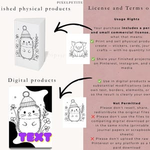 May include: An informational graphic titled PIXELPETITE detailing licence and terms of use for digital products. It features black and white line art illustrations of a hedgehog in a winter hat and a pig, with arrows pointing to text.