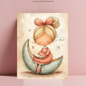 May include: Illustration of a girl with blonde hair and a red bow sitting on a crescent moon, reading a book. The girl wears a red polka-dot dress and striped socks. The background is a vintage-style paper with script and small illustrations.
