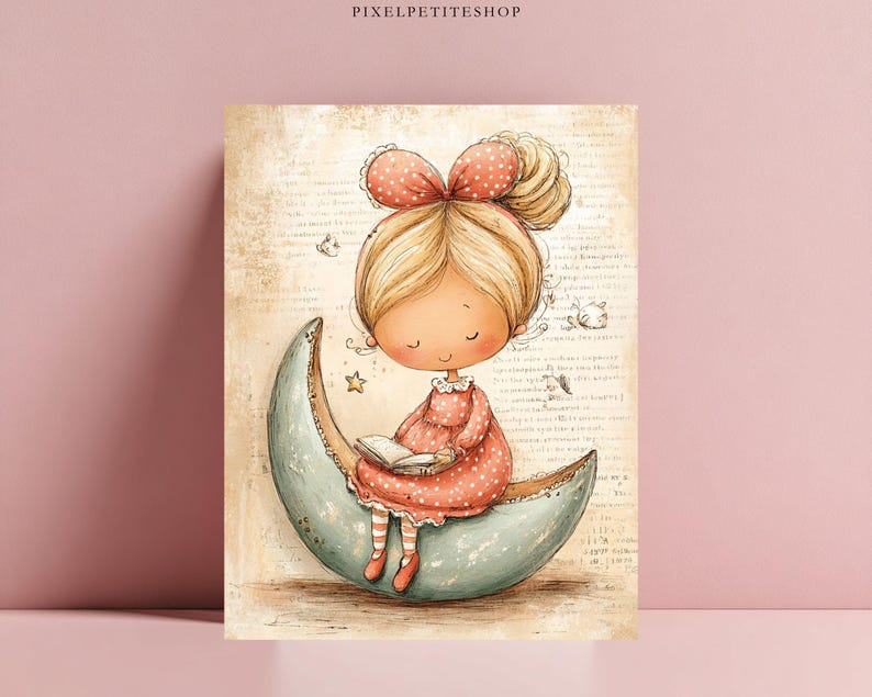 May include: Illustration of a girl with blonde hair and a red bow sitting on a crescent moon, reading a book. The girl wears a red polka-dot dress and striped socks. The background is a vintage-style paper with script and small illustrations.