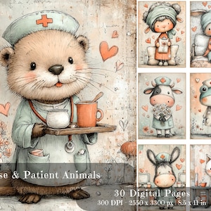 May include: Watercolor illustration of an otter dressed as a nurse, holding a tray with a cup and bowl. The image includes the text "Nurse & Patient Animals" and several other animal characters in medical attire.