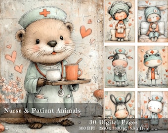 Puede incluir: Ilustración en acuarela de una nutria vestida de enfermera, sosteniendo una bandeja con una taza y un cuenco. La imagen incluye el texto "Nurse & Patient Animals" y otros personajes animales con atuendo médico.