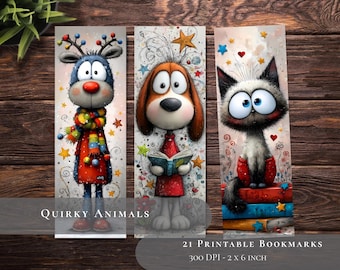 May include: Three whimsical animal bookmarks: a reindeer, a dog, and a cat. The reindeer wears a colorful scarf and coat. The dog reads a book. The cat sits atop books. The text "Quirky Animals" and "2 x 6 inch" are visible.