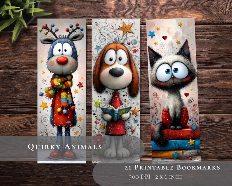 May include: Three quirky animal bookmarks: a reindeer, a dog, and a cat. The reindeer wears a colourful scarf and coat. The dog reads a book. The cat sits atop books. The text "Quirky Animals" and "2 x 6 inch" are visible.