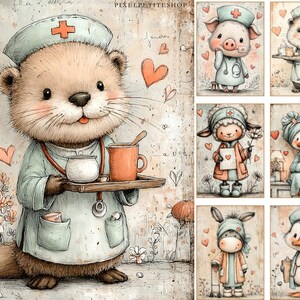 May include: An adorable otter wearing a nurse's uniform and cap, holding a tray with a cup and a small container. The image has a watercolor style with hearts and flowers. The image also includes other animal characters in nurse uniforms.