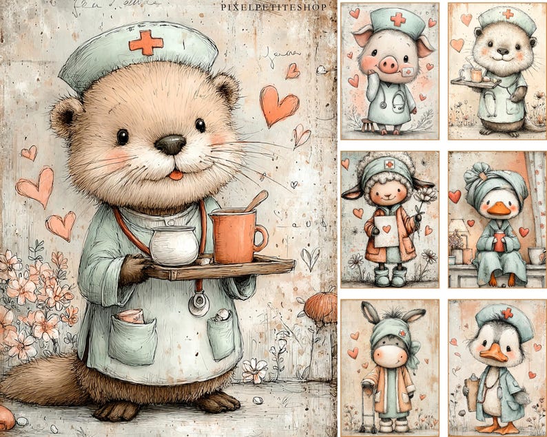 May include: An adorable otter wearing a nurse's uniform and cap, holding a tray with a cup and a small container. The image has a watercolor style with hearts and flowers. The image also includes other animal characters in nurse uniforms.