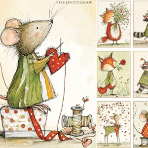 K&ouml;nnte beinhalten: Aquarellillustrationen von Waldtieren, darunter eine Maus, ein Fuchs und ein Waschb&auml;r. Die Maus n&auml;ht ein rotes Herz. Weitere Bilder zeigen die Tiere mit Blumen, Rosen und Briefen. Der Text "PIXELPETITESHOP" ist oben zu sehen.