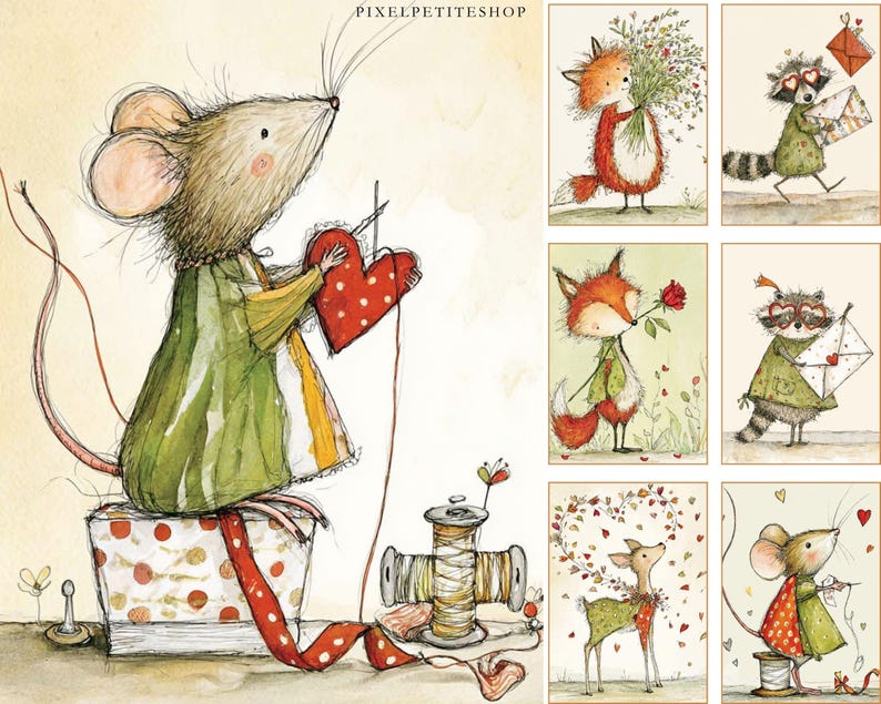 K&ouml;nnte beinhalten: Aquarellillustrationen von Waldtieren, darunter eine Maus, ein Fuchs und ein Waschb&auml;r. Die Maus n&auml;ht ein rotes Herz. Weitere Bilder zeigen die Tiere mit Blumen, Rosen und Briefen. Der Text "PIXELPETITESHOP" ist oben zu sehen.