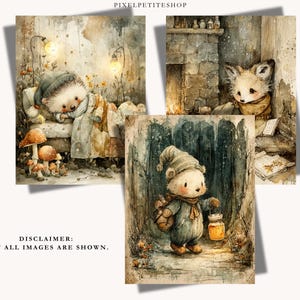 May include: Watercolor illustrations of woodland creatures in cozy settings. A hedgehog rests on a bed, a fox reads by a fireplace, and a bear carries a lantern in a forest. Soft colors and whimsical details create a storybook feel.
