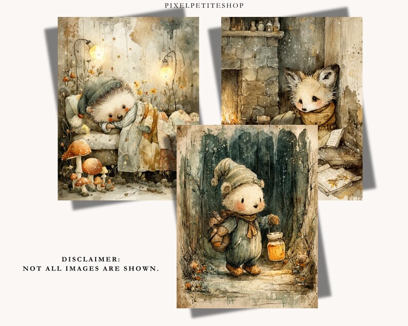 May include: Watercolor illustrations of woodland creatures in cozy settings. A hedgehog rests on a bed, a fox reads by a fireplace, and a bear carries a lantern in a forest. Soft colors and whimsical details create a storybook feel.