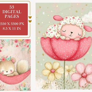 May include: A digital collection of 53 pages, 8.5 x 11 inches, featuring illustrations of a pink lamb sleeping in a large red flower and a bear cub resting in a pink hammock, surrounded by floral elements, stars, and clouds on a soft background.