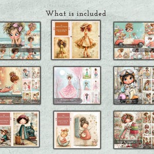 May include: A digital collection of nine illustrated sets featuring whimsical characters in various scenes. Each set displays multiple panels with diverse themes including beach, shopping, salon, travel, and fantasy motifs, all labeled with text.