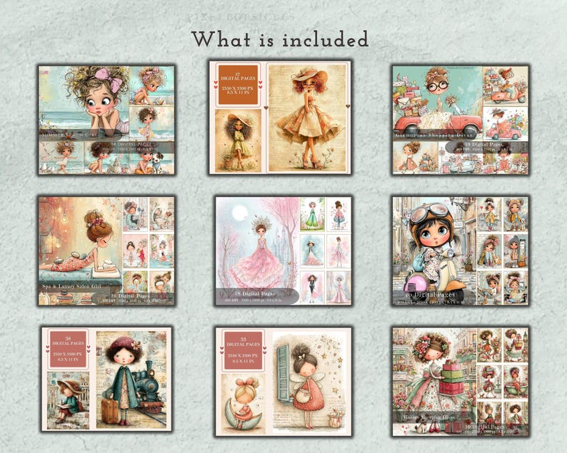 May include: A digital collection of nine illustrated sets featuring whimsical characters in various scenes. Each set displays multiple panels with diverse themes including beach, shopping, salon, travel, and fantasy motifs, all labeled with text.