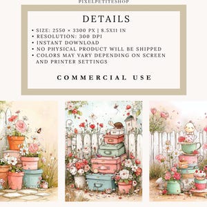 May include: Watercolor illustrations of potted flowers, stacked suitcases, and a white picket fence. The images feature soft pastel colors, including pink, orange, and blue. The text at the top reads "DETAILS" and "COMMERCIAL USE".