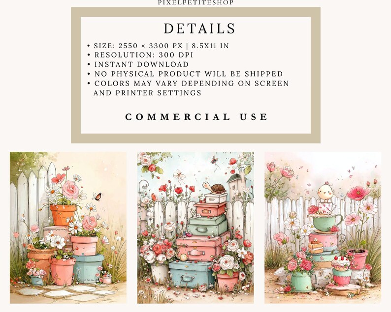 May include: Watercolor illustrations of potted flowers, stacked suitcases, and a white picket fence. The images feature soft pastel colors, including pink, orange, and blue. The text at the top reads "DETAILS" and "COMMERCIAL USE".