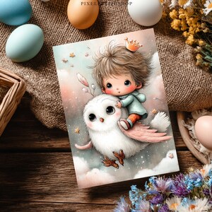 May include: A whimsical illustration features a child with a crown riding a white owl through a pastel sky. The owl has pink wings and brown feet. The image is surrounded by Easter eggs, flowers, and a woven basket on a wooden surface.