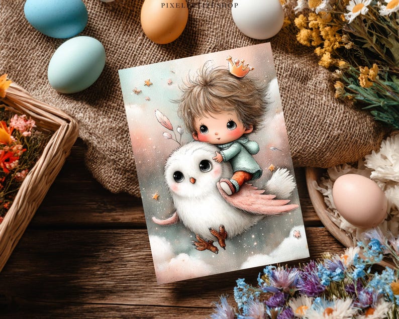 May include: A whimsical illustration features a child with a crown riding a white owl through a pastel sky. The owl has pink wings and brown feet. The image is surrounded by Easter eggs, flowers, and a woven basket on a wooden surface.