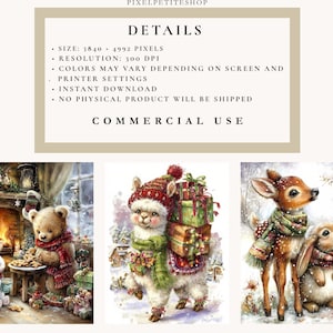 May include: Watercolor illustrations featuring a cozy Christmas theme. Includes a bear and rabbit by a fireplace, a llama carrying gifts, and a deer with a rabbit in a snowy scene. The images are available for commercial use.