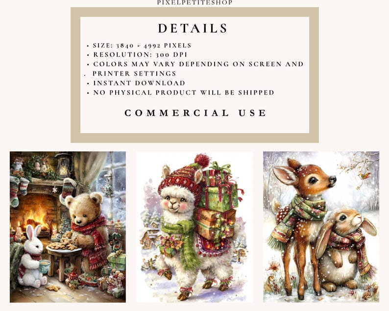 May include: Watercolor illustrations featuring a cozy Christmas theme. Includes a bear and rabbit by a fireplace, a llama carrying gifts, and a deer with a rabbit in a snowy scene. The images are available for commercial use.