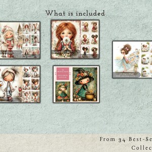 May include: A digital collection display featuring five distinct sets of illustrated character art. Each set includes a main image and smaller thumbnails of various girl characters in different settings, with text labels like What is included.