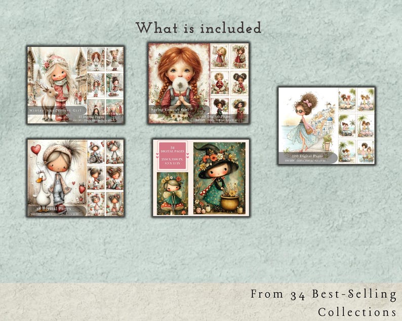 May include: A digital collection display featuring five distinct sets of illustrated character art. Each set includes a main image and smaller thumbnails of various girl characters in different settings, with text labels like What is included.