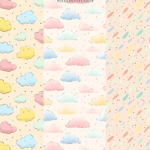 Op de afbeelding: Digitale kunst met drie panelen met pastelpatronen. E&eacute;n paneel toont wolken in roze, geel, blauw en groen op een beige achtergrond met zwarte spikkels. Een ander paneel heeft een regenvalpatroon in pastelkleuren op een perzikachtergrond.
