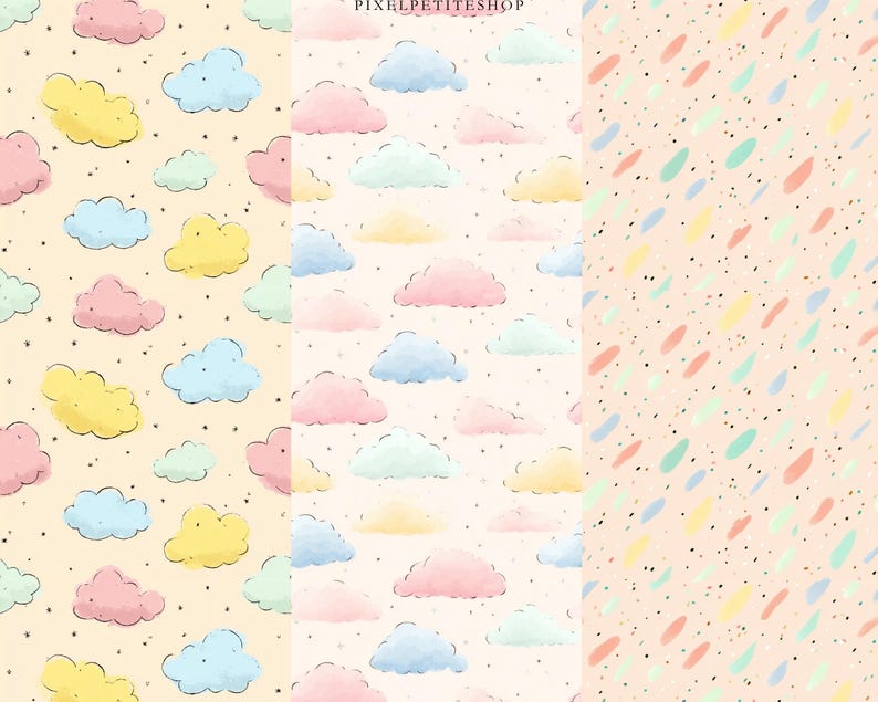 Op de afbeelding: Digitale kunst met drie panelen met pastelpatronen. E&eacute;n paneel toont wolken in roze, geel, blauw en groen op een beige achtergrond met zwarte spikkels. Een ander paneel heeft een regenvalpatroon in pastelkleuren op een perzikachtergrond.