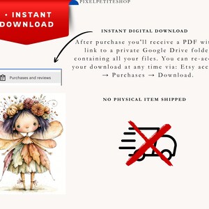 May include: A digital illustration of a fairy with dark hair, a floral crown, and leaf-patterned wings and skirt. The image includes text stating INSTANT DOWNLOAD, instructions for accessing files via Google Drive, and a crossed-out delivery truck icon.
