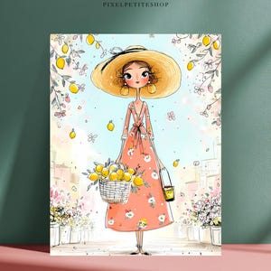 May include: A digital illustration of a person wearing a wide-brimmed straw hat and a coral-colored dress with white floral patterns. The person carries a woven basket filled with yellow lemons, standing amidst a scene of lemon trees and flowers.