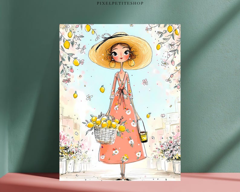 May include: A digital illustration of a person wearing a wide-brimmed straw hat and a coral-colored dress with white floral patterns. The person carries a woven basket filled with yellow lemons, standing amidst a scene of lemon trees and flowers.