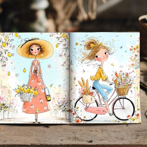 May include: An open book featuring two colorful illustrations. The left page shows a person in a wide-brimmed hat holding a basket of lemons. The right page shows a person riding a bicycle with a basket of flowers and a bag of bread.