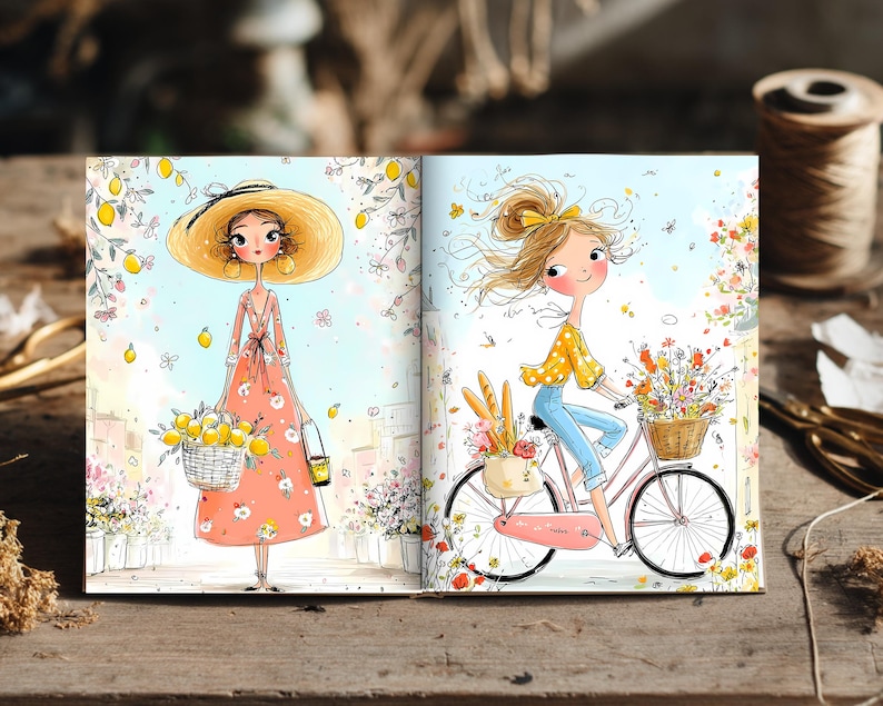 May include: An open book featuring two colorful illustrations. The left page shows a person in a wide-brimmed hat holding a basket of lemons. The right page shows a person riding a bicycle with a basket of flowers and a bag of bread.