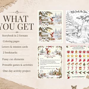 May include: A digital printable set featuring a storybook, coloring pages, letters, mission cards, bookmarks, and activity sheets. The graphics include a mouse character in a winter setting, Christmas-themed icons, and text titled Milo Finds the Star.