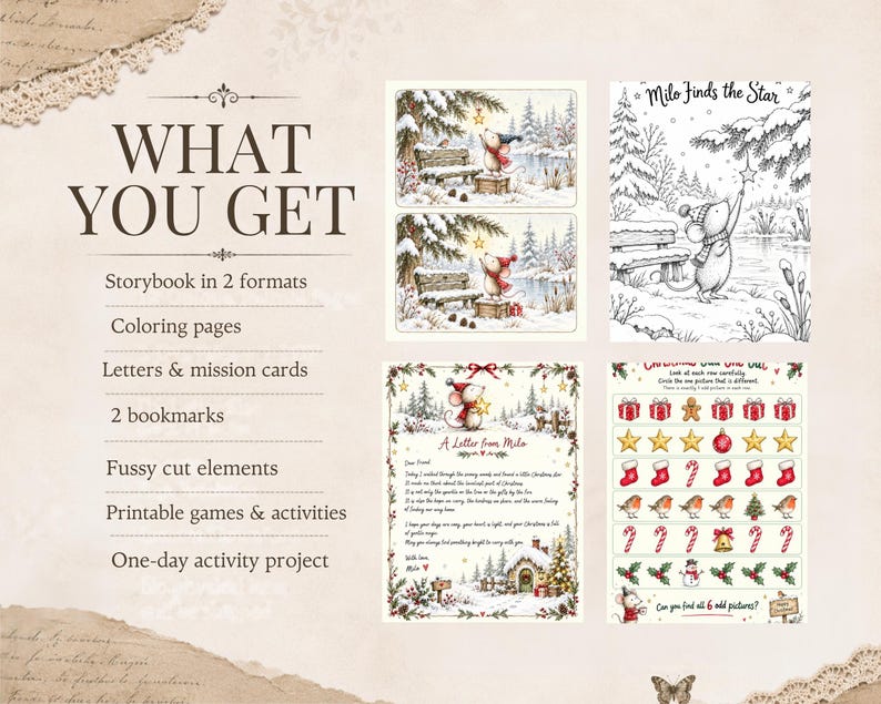May include: A digital printable set featuring a storybook, coloring pages, letters, mission cards, bookmarks, and activity sheets. The graphics include a mouse character in a winter setting, Christmas-themed icons, and text titled Milo Finds the Star.