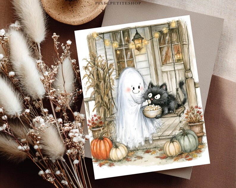 May include: A rectangular art print featuring a watercolor illustration of a white ghost and a fluffy black cat sitting on a porch swing eating popcorn. The scene includes orange and green pumpkins, dried corn stalks, and string lights.