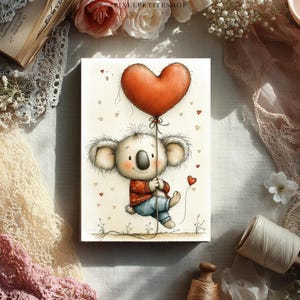 May include: A watercolour illustration of a koala holding a red heart-shaped balloon. The koala wears a red sweater and blue trousers. Small red hearts float around the koala. The artwork is on a white background.