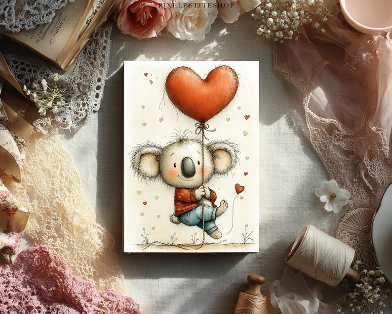 May include: A watercolour illustration of a koala holding a red heart-shaped balloon. The koala wears a red sweater and blue trousers. Small red hearts float around the koala. The artwork is on a white background.