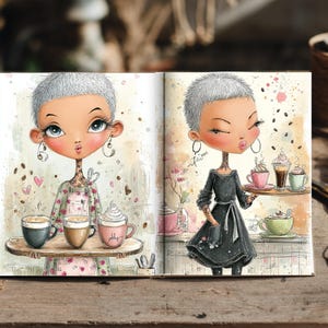 Páginas de diario de cafetería, chica barista en acuarela, arte de álbum de recortes de café (descarga digital) imagen 9