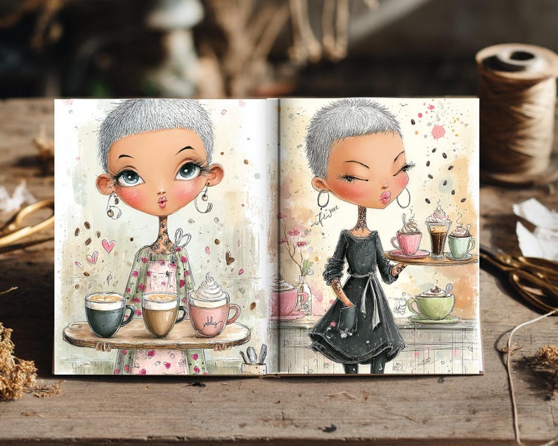 Páginas de diario de cafetería, chica barista en acuarela, arte de álbum de recortes de café (descarga digital) imagen 9
