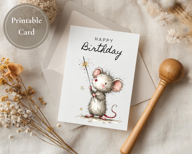 May include: A printable birthday card featuring a watercolor illustration of a cute mouse holding a sparkler. The card reads "Happy Birthday" in elegant script. The card is inside a white envelope, with a wooden rattle and dried flowers nearby.